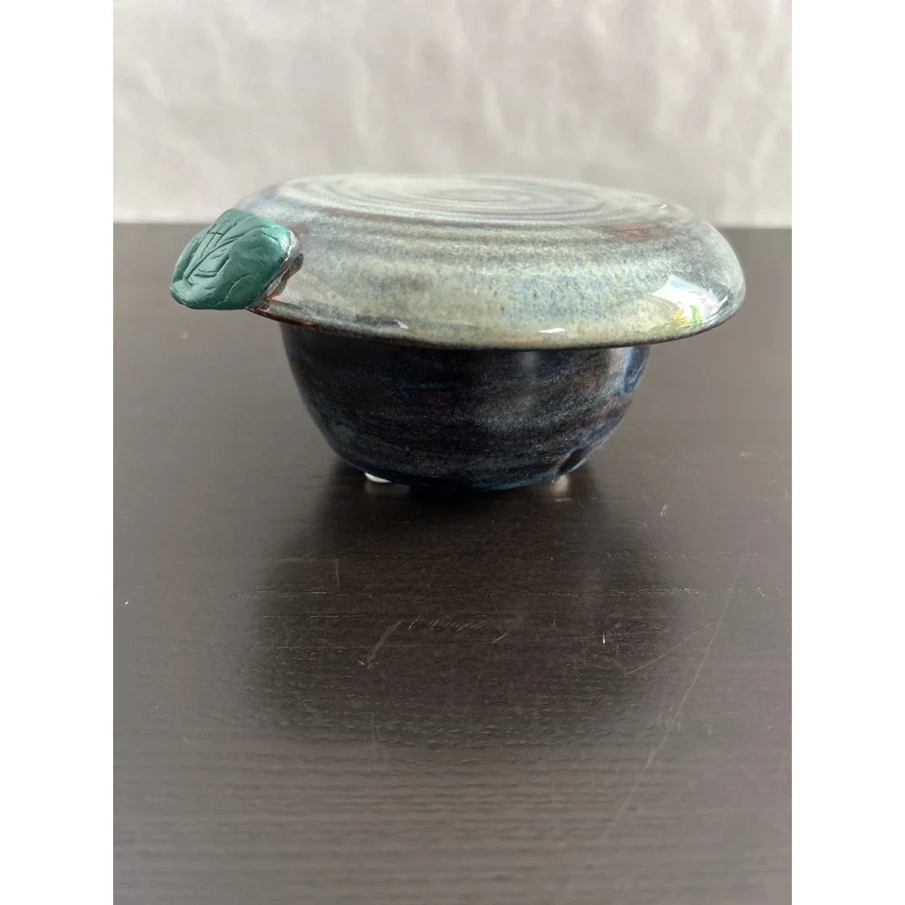 Handmade Studio Pottery Butter Bell French Keeper Blue Green Glaze Leaf Detail